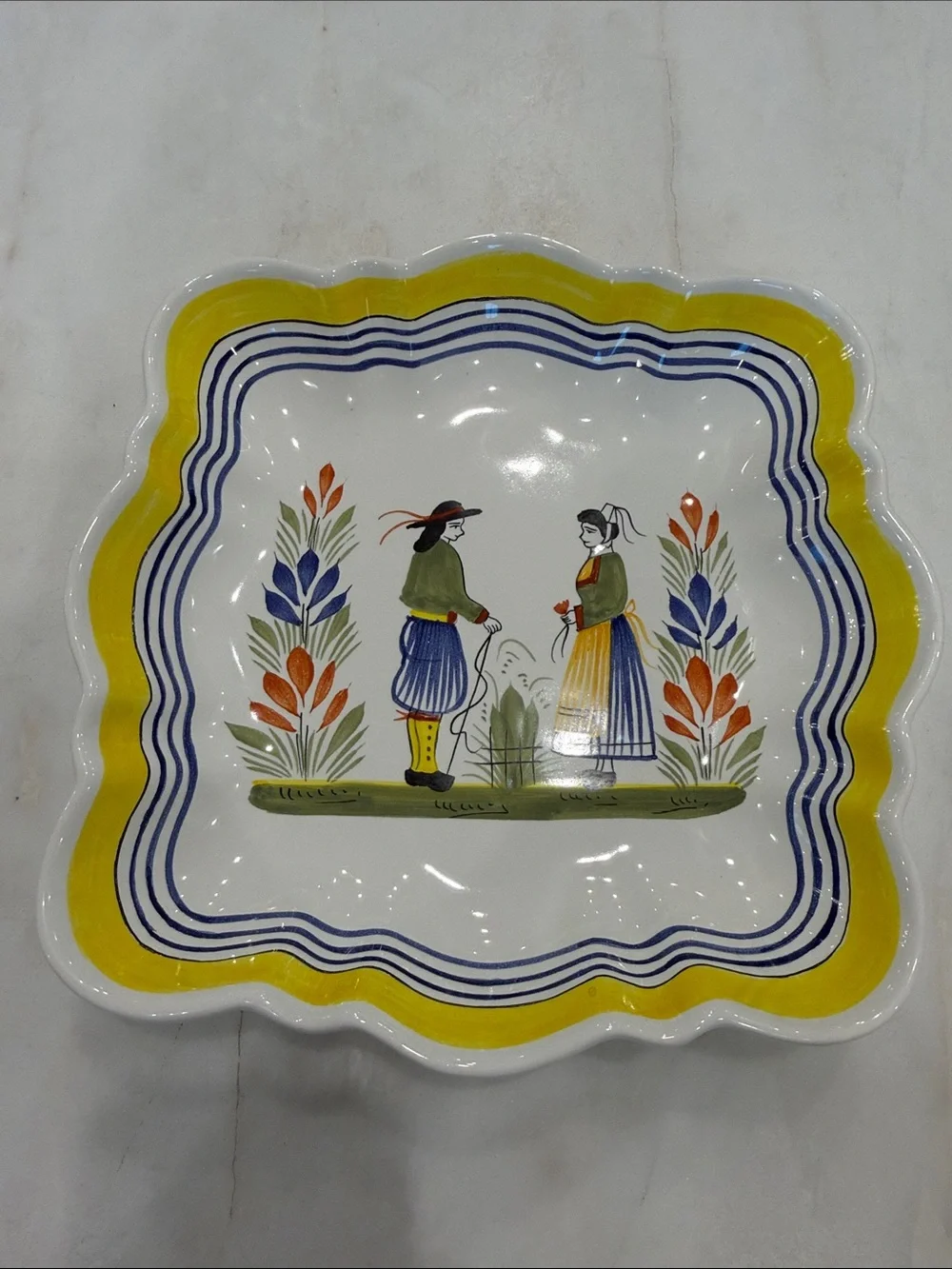 Henriot Quimper Hand-Painted Folk Scene Ceramic Serving Dish